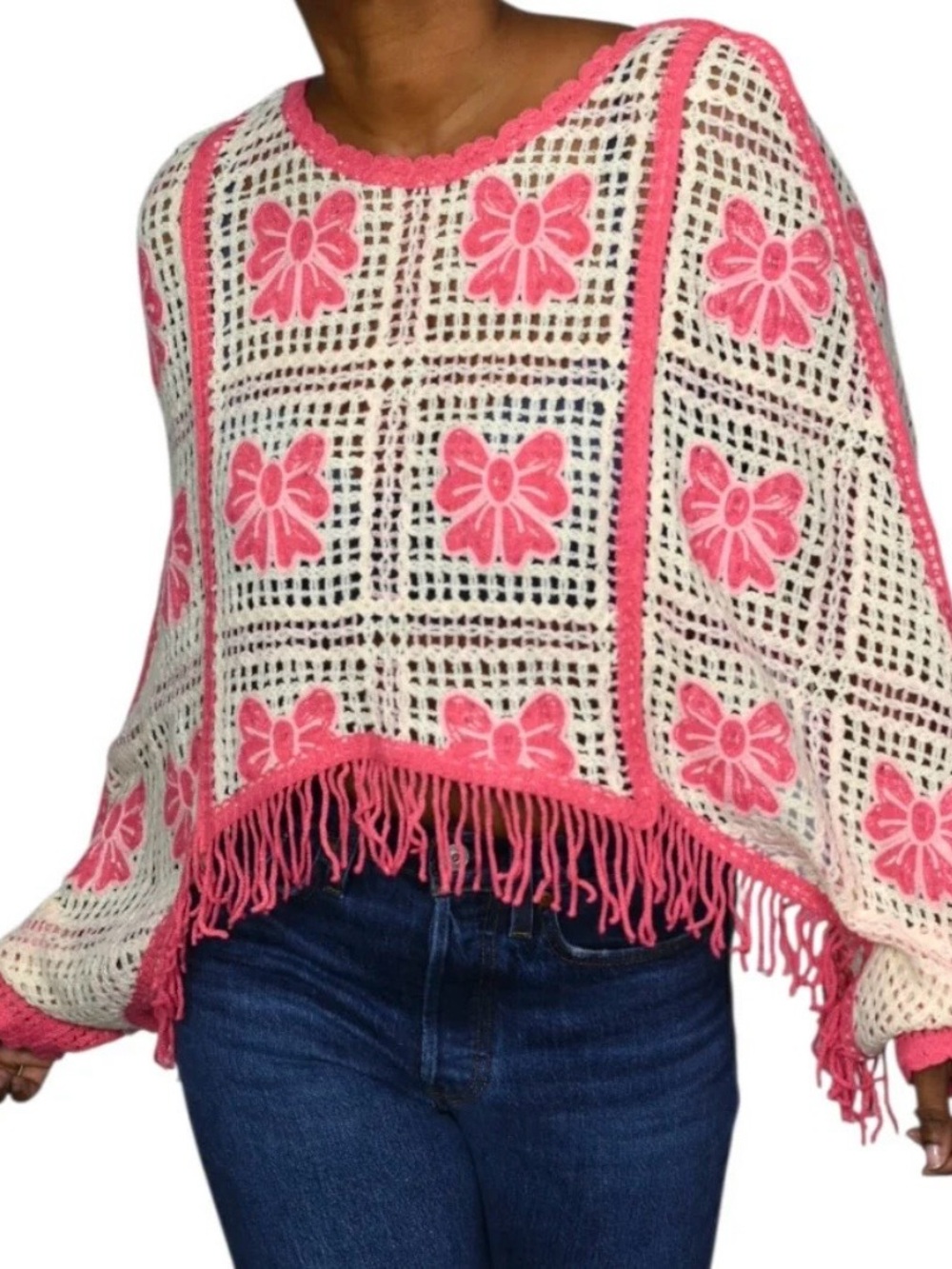 Pink & Cream Crochet Fringe Sweater - Women's Cozy Pullover Poncho